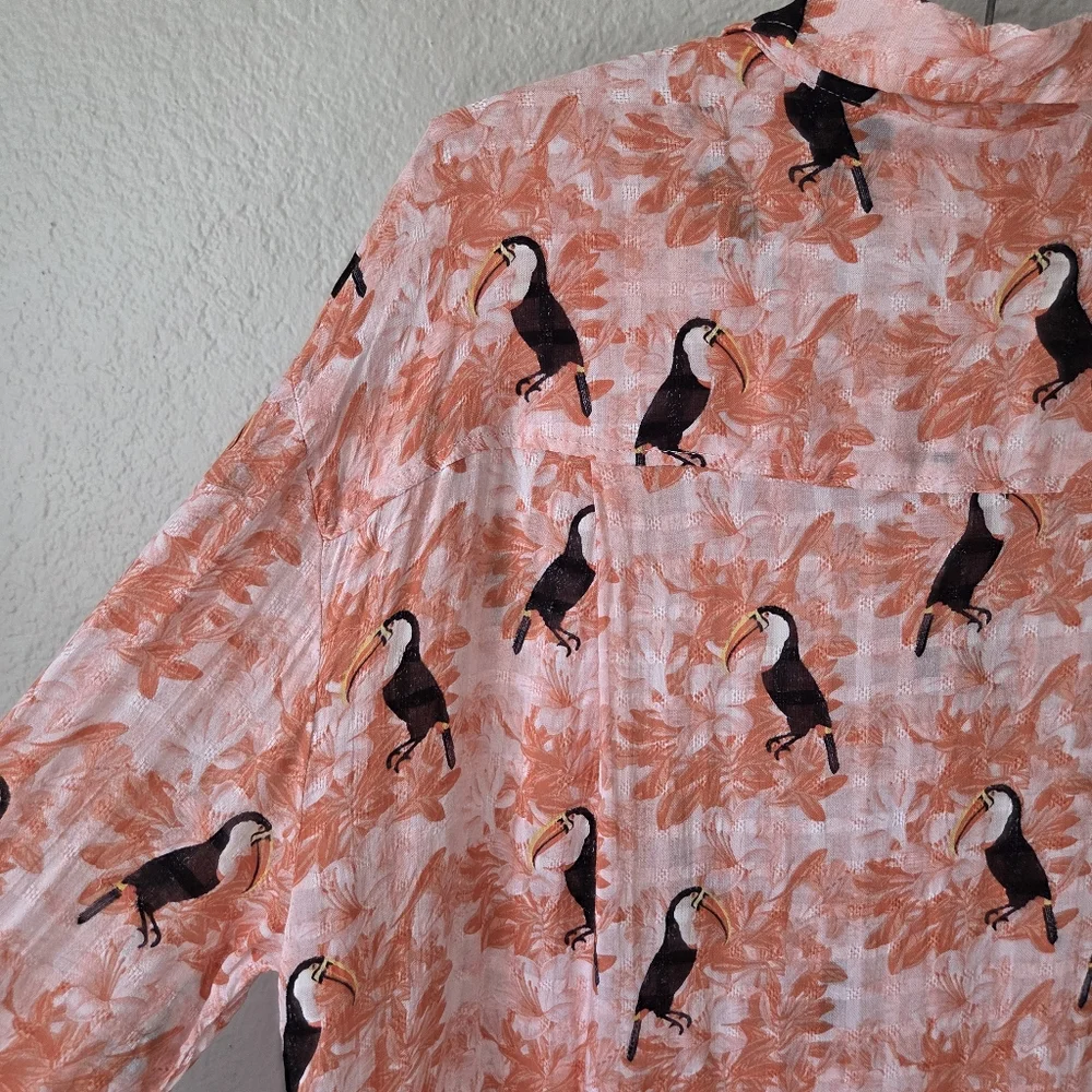 Jane Delancey Tunic Shirt Dress Size M Orange Tropical Tucans Bird Print Resort - Picture 9 of 16